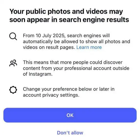 Screenshot of Instagram notice about account changes 