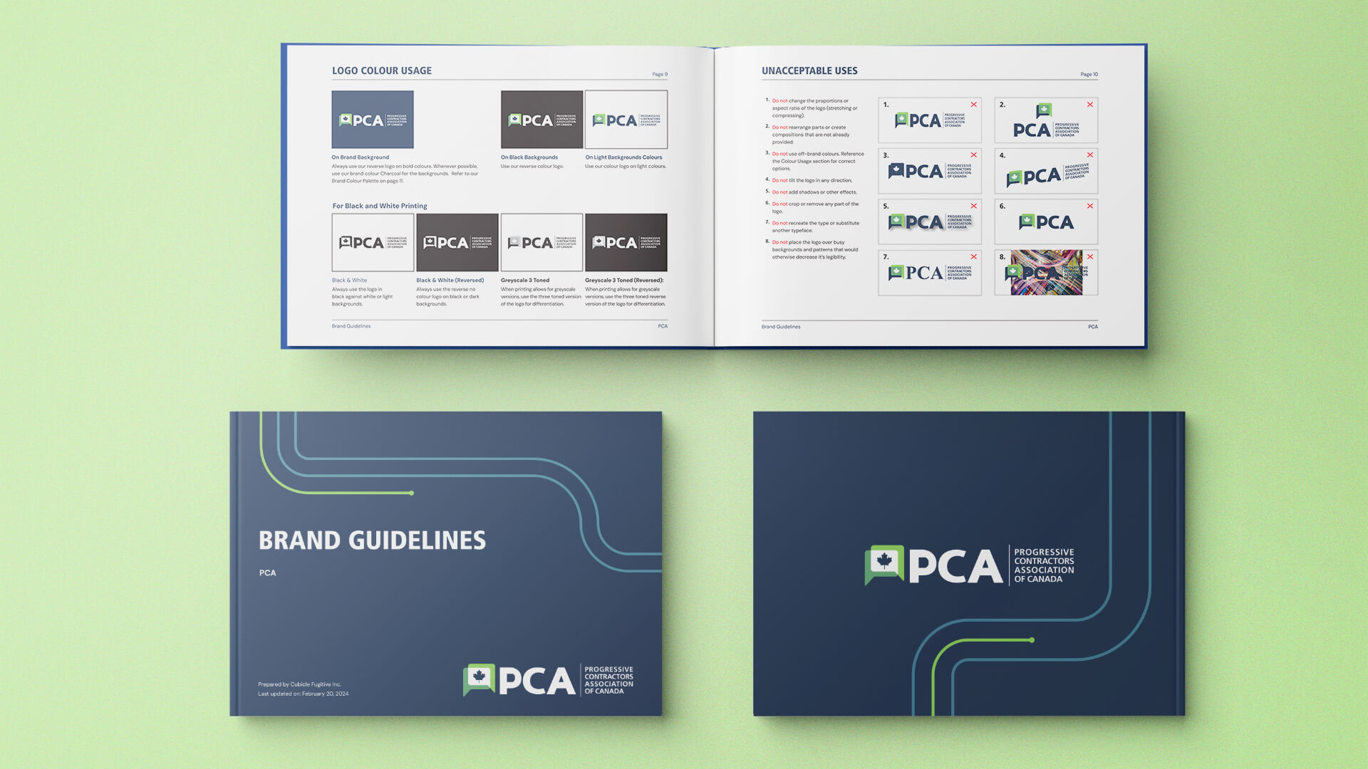 Mock-up of PCA's brand guidelines, viewing the page about logo use and images of the front and the back of the brand guidelines.