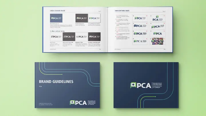 Mock-up of PCA's brand guidelines, viewing the page about logo use and images of the front and the back of the brand guidelines.