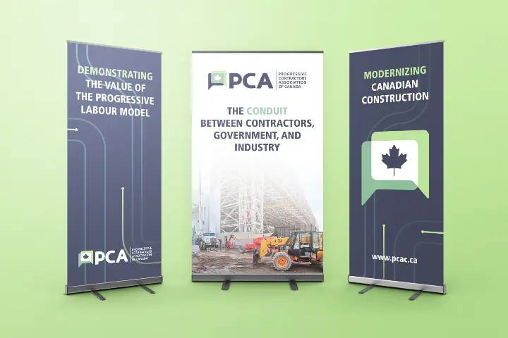 Three pop-up banners standing up-right. Each featuring PCA's logo.