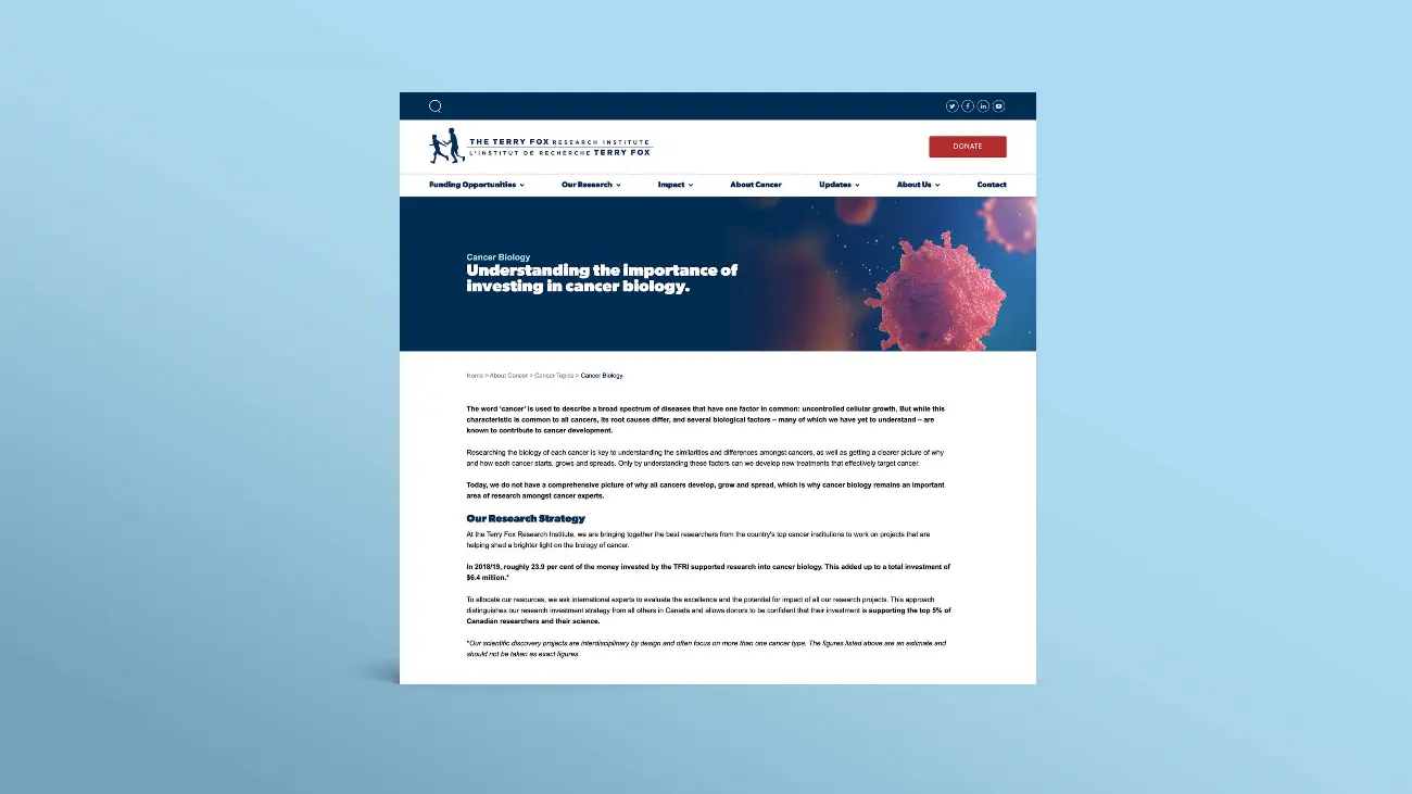 Terry Fox Research Institute_TFRI_Web design_Website development_Cancer Biology page