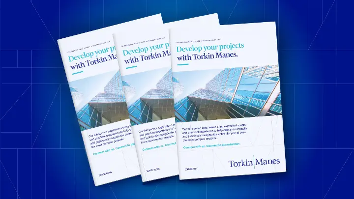 Three Torkin Manes brochures displayed.